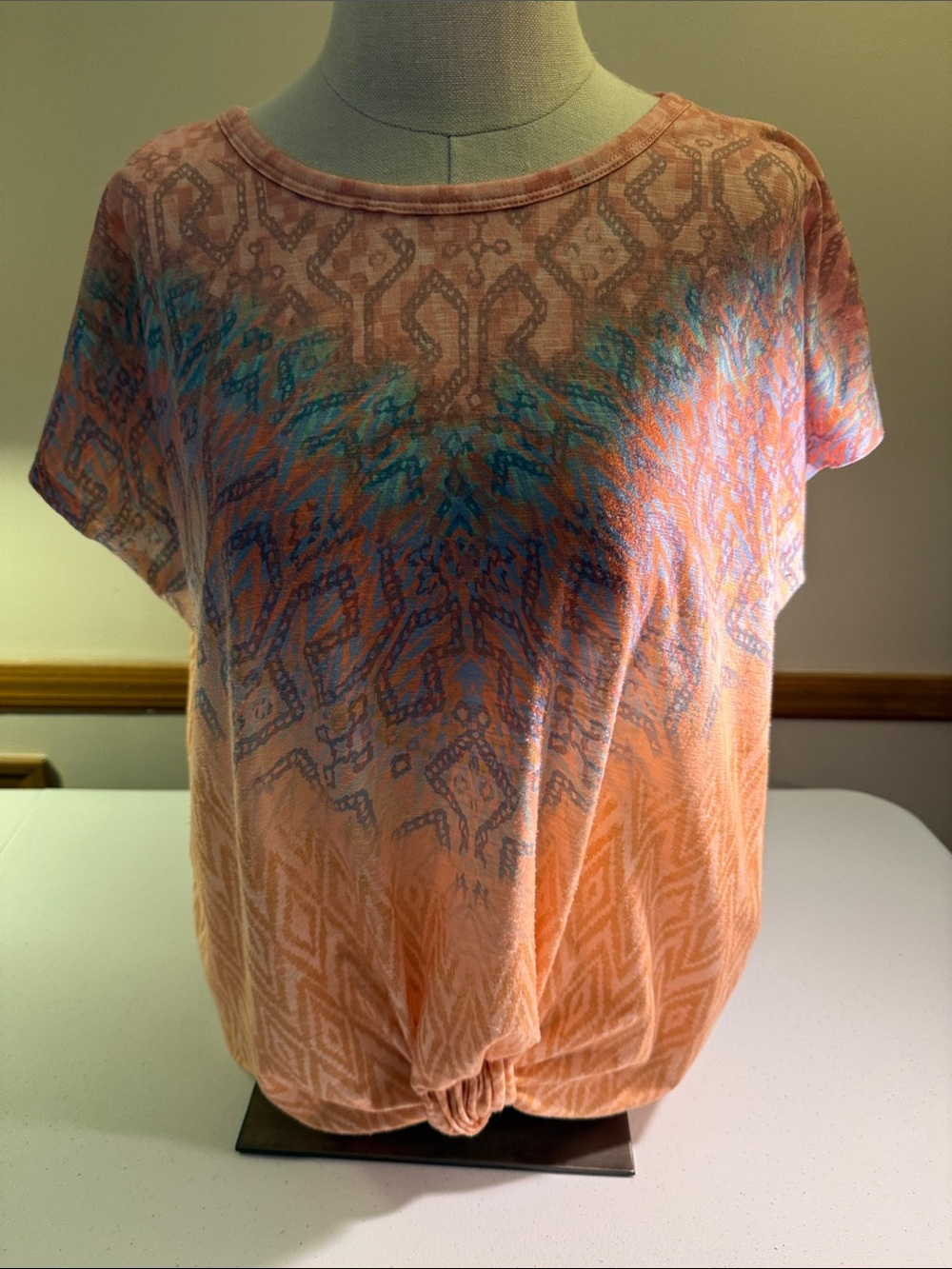 Democracy Peach Short Sleeve Tee with Blue Coral Pattern
